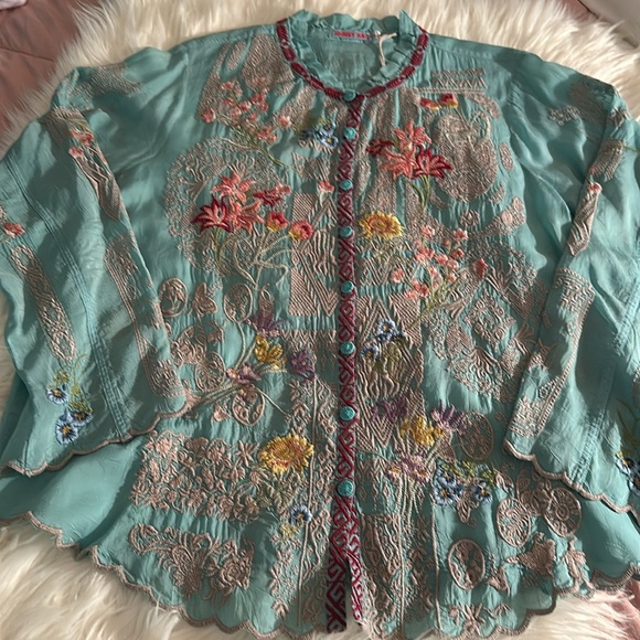 JOHNNY WAS Allbee Embroidered Floral Geometric Print Ruffle Scallop Hem Blouse - Picture 4 of 11